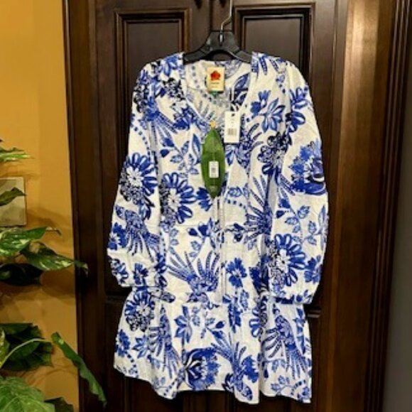 Farm Rio Flowerful Birds Off-White Floral Swiss Dot 100% Cotton Mini Dress - Picture 1 of 15